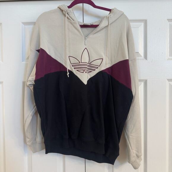 Adidas Women’s Half Zip Trefoil Hoodie Beige Burgundy Black Size L Three Stripes - Picture 4 of 7